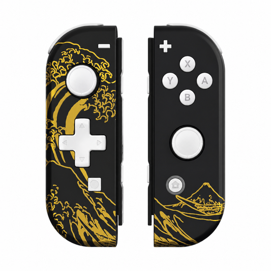 Golden Wave Nintendo Switch 1 D-pad controller pair, front view, white buttons and white joystick caps.