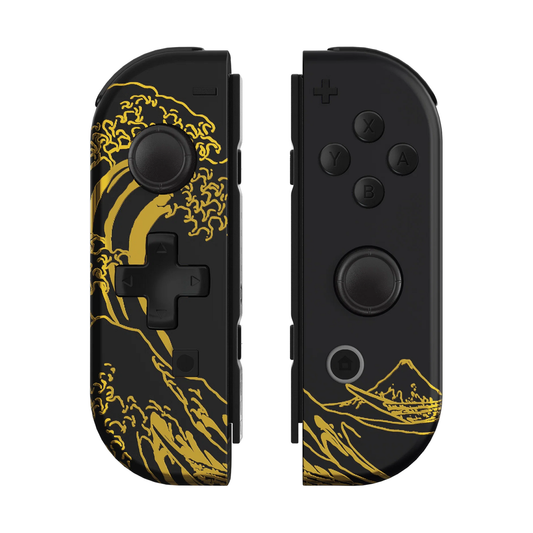 Golden Wave Nintendo Switch 1 D-pad controller pair, front view, black buttons and black joystick caps.