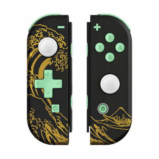 Golden Wave Nintendo Switch 1 D-pad controller pair, front view, mint green buttons and white joystick caps.