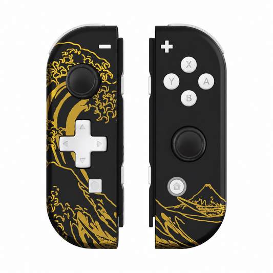 Golden Wave Nintendo Switch 1 D-pad controller pair, front view, white buttons and black joystick caps.