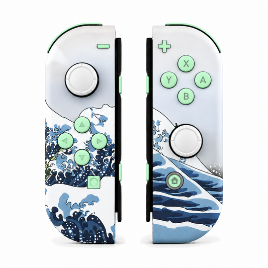 The Great Wave Patterned, standard front: Mint Green buttons / White caps