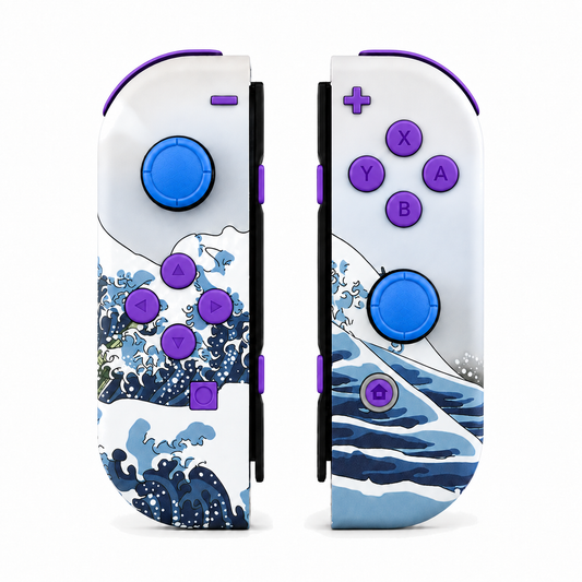 The Great Wave Patterned, standard front: Purple buttons / Blue caps