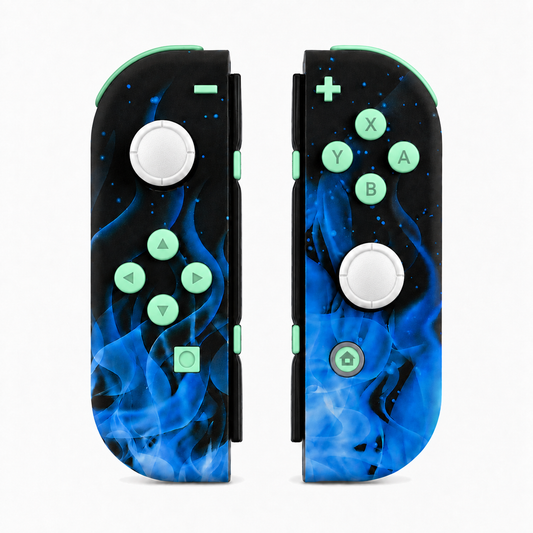 Blue Flame, standard front: Mint Green buttons / White caps