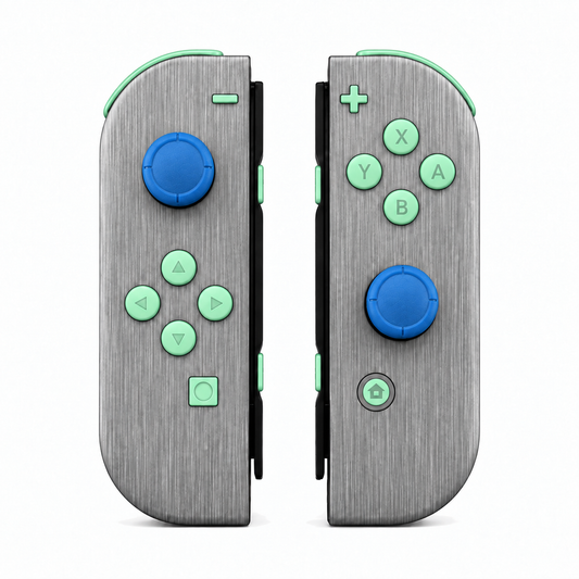 Brushed Silver Patterned, standard front: Mint Green buttons / Blue caps