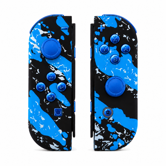 Blue Coating Splash Patterned, standard front: Chrome Blue buttons / Blue caps