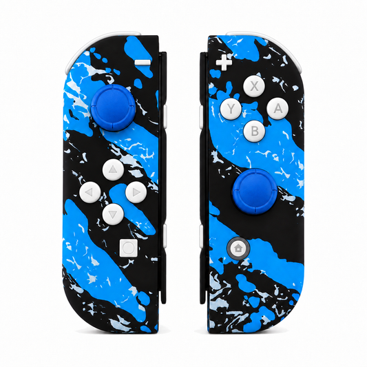 Blue Coating Splash Patterned, standard front: White buttons / Blue caps