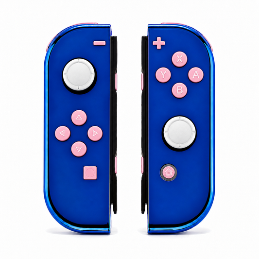 Chrome Blue, standard front: Cherry Blossoms Pink buttons / White caps