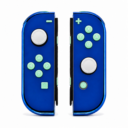 Chrome Blue, standard front: Mint Green buttons / White caps