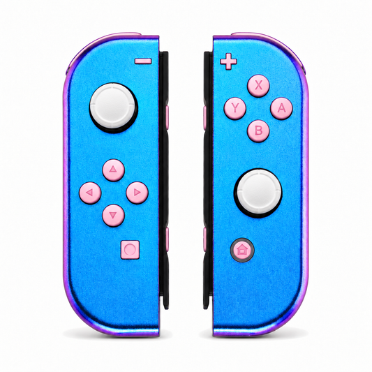 Chameleon Purple Blue, standard front: Cherry Blossoms Pink buttons / White caps