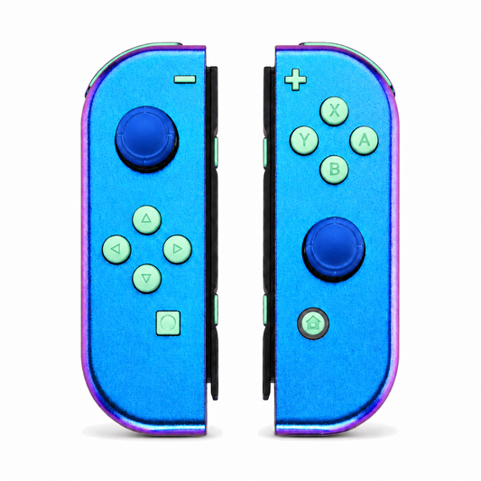 Chameleon Purple Blue, standard front: Mint Green buttons / Blue caps