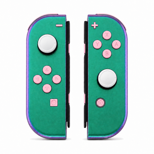Chameleon Green Purple, standard front: Cherry Blossoms Pink buttons / White caps