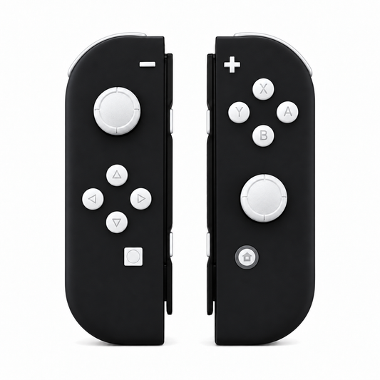 Black, standard front: White buttons / White caps