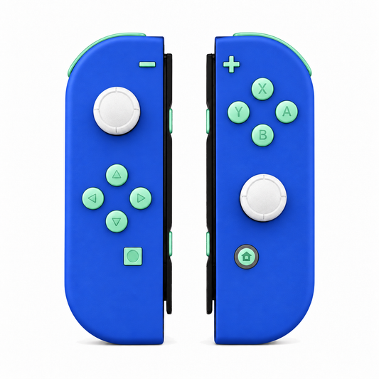 Blue, standard front: Mint Green buttons / White caps