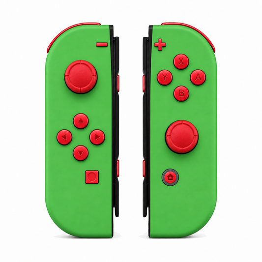 Green, standard front: Scarlet Red buttons / Red caps
