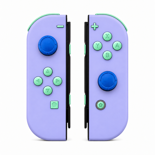Light Violet, standard front: Mint Green buttons / Blue caps