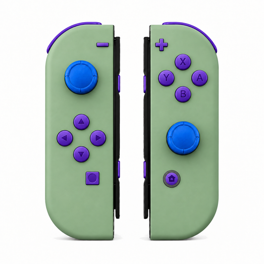 Matcha Green, standard front: Purple buttons / Blue caps