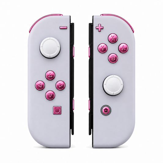 Rhapsody Violet, standard front: Chrome Pink buttons / White caps