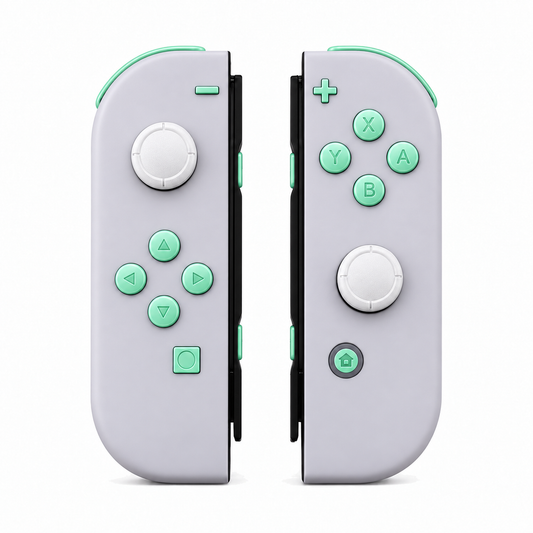 Rhapsody Violet, standard front: Mint Green buttons / White caps
