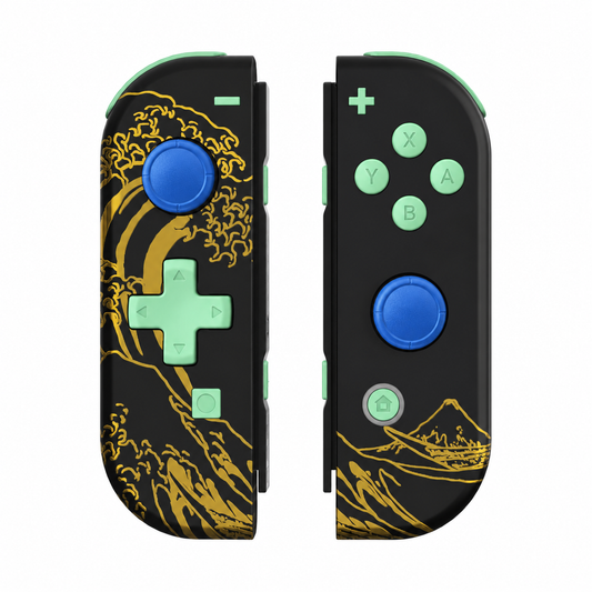 Golden Wave Nintendo Switch 1 D-pad controller pair, front view, mint green buttons and blue joystick caps.