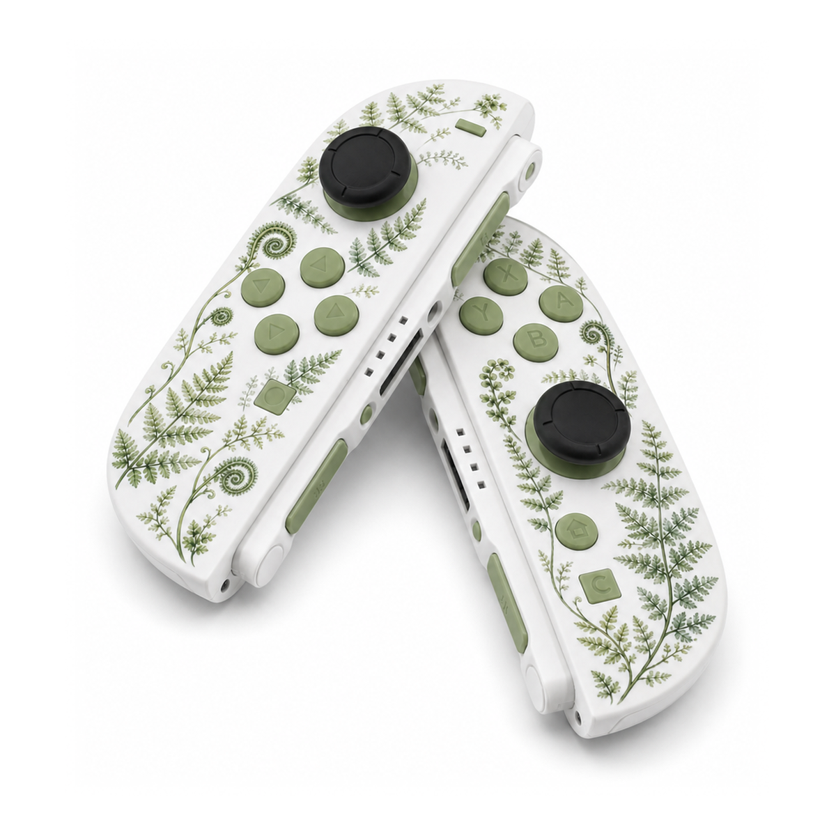 White Fern Fronds Matcha Green Buttons Custom Nintendo Switch 2 Joy-Cons with TMR Joysticks