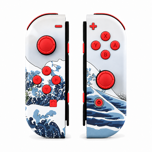 The Great Wave Patterned, standard front: Scarlet Red buttons / Red caps