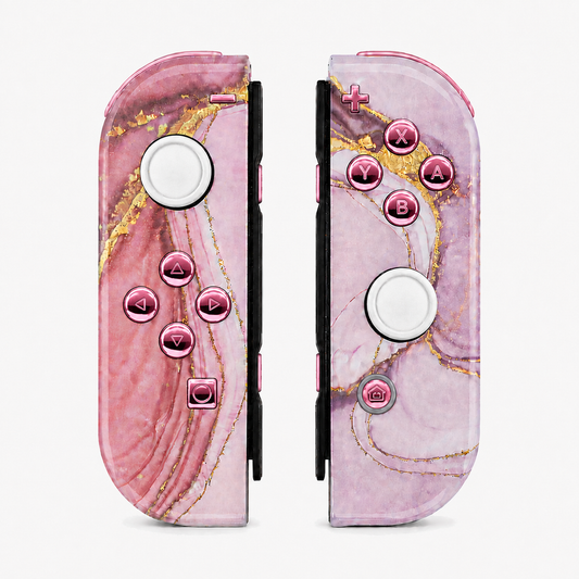 Cosmic Pink Gold Marble Effect, standard front: Chrome pink buttons / White caps