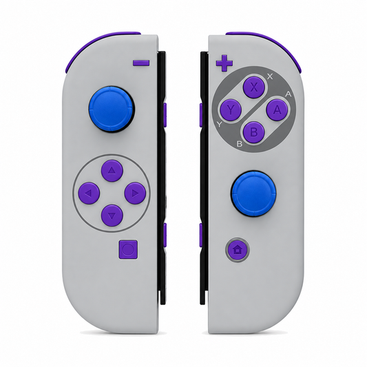 SFC SNES Classic EU Style, standard front: Purple buttons / Blue caps