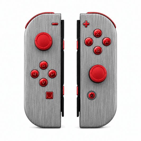 Brushed Silver Patterned, standard front: Chrome Red buttons / Red caps