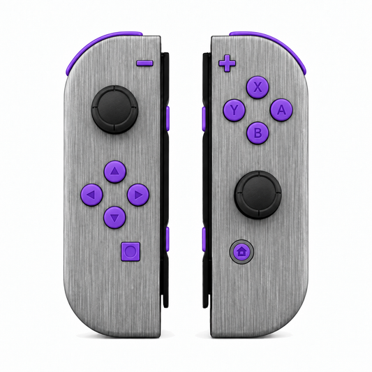 Brushed Silver Patterned, standard front: Purple buttons / Black caps