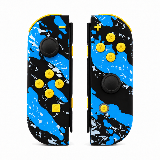 Blue Coating Splash Patterned, standard front: Caution Yellow buttons / Black caps