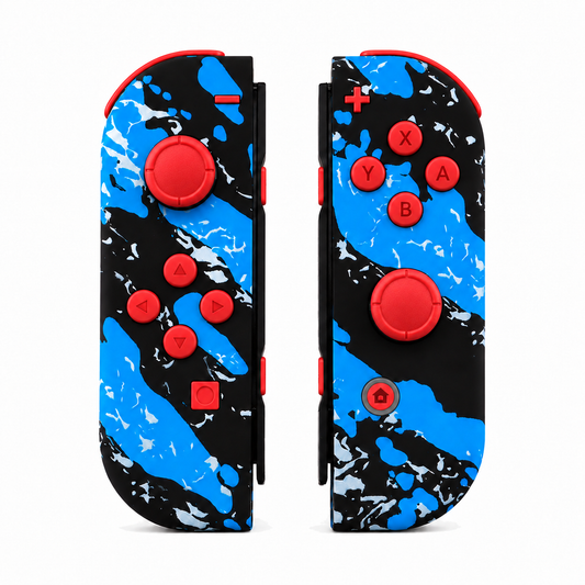 Blue Coating Splash Patterned, standard front: Scarlet Red buttons / Red caps