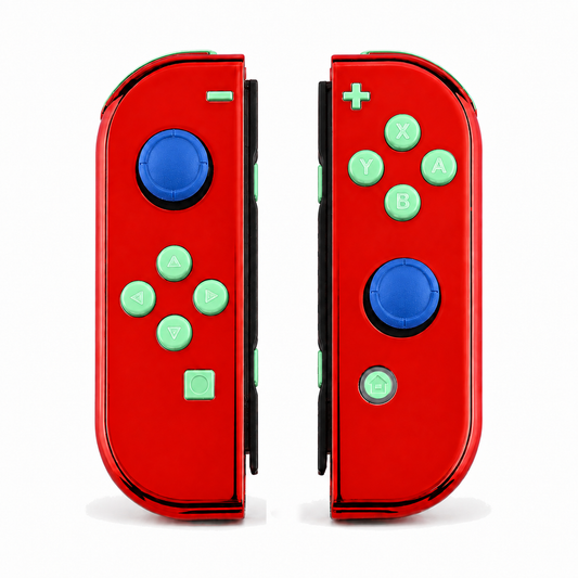 Chrome Red, standard front: Mint Green buttons / Blue caps