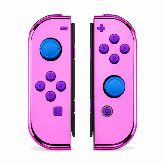 Chrome Pink Glossy, standard front: Purple buttons / Blue caps