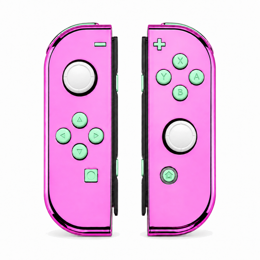 Chrome Pink Glossy, standard front: Mint Green buttons / White caps