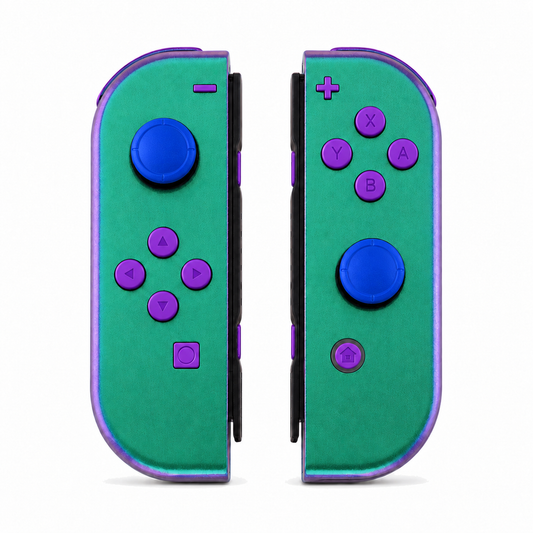 Chameleon Green Purple, standard front: Purple buttons / Blue caps