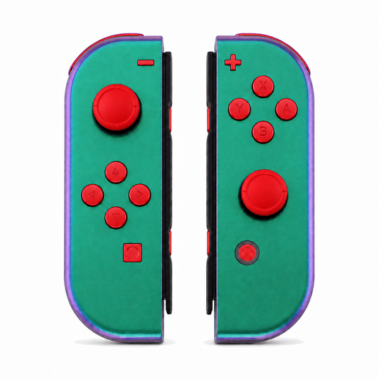 Chameleon Green Purple, standard front: Scarlet Red buttons / Red caps