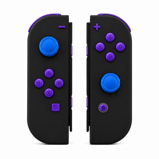 Black, standard front: Purple buttons / Blue caps