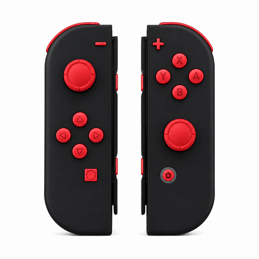 Black, standard front: Scarlet Red buttons / Red caps