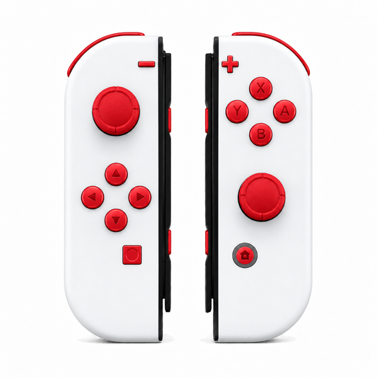 White, standard front: Scarlet Red buttons / Red caps