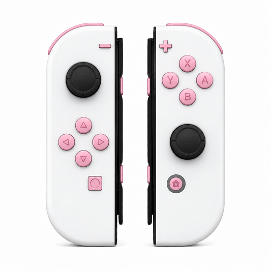 White, standard front: Cherry Blossoms Pink buttons / Black caps