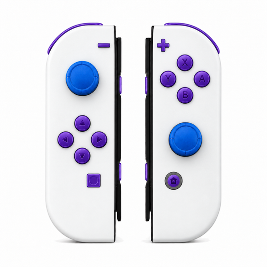 White, standard front: Purple buttons / Blue caps
