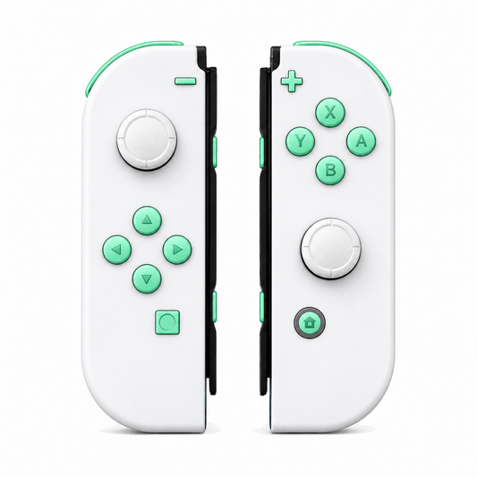 White, standard front: Mint Green buttons / White caps