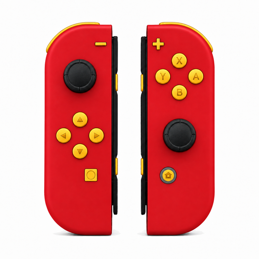 Scarlet Red, standard front: Caution Yellow buttons / Black caps
