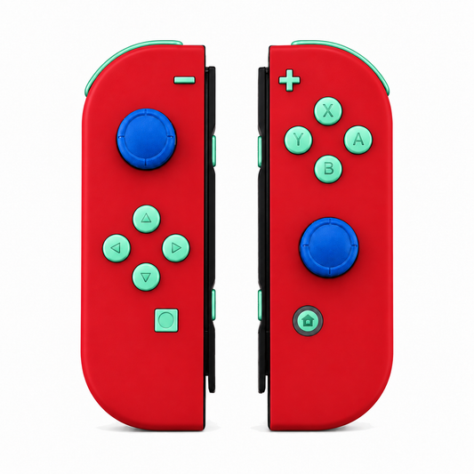 Scarlet Red, standard front: Mint Green buttons / Blue caps
