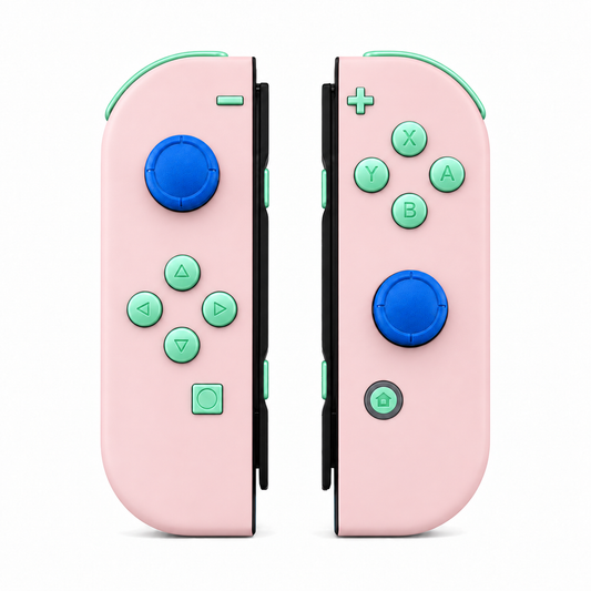Cherry Blossoms Pink, standard front: Mint Green buttons / Blue caps