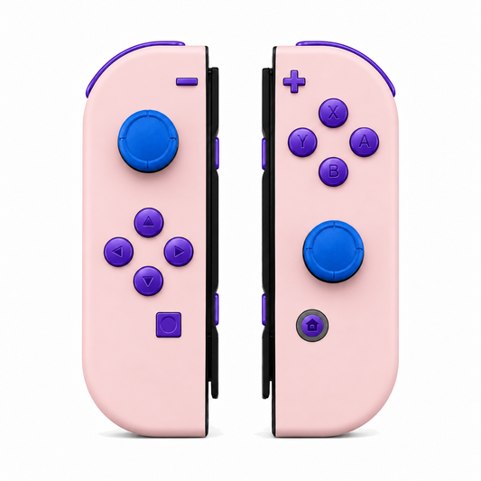 Cherry Blossoms Pink, standard front: Purple buttons / Blue caps