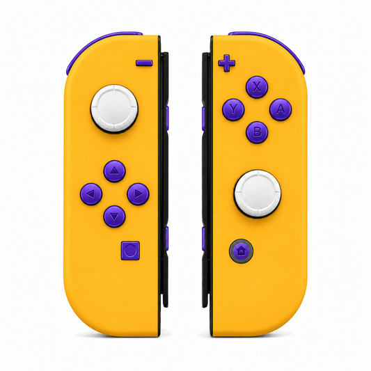 Caution Yellow, standard front: Purple buttons / White caps
