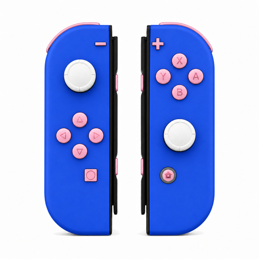 Blue, standard front: Cherry Blossoms Pink buttons / White caps