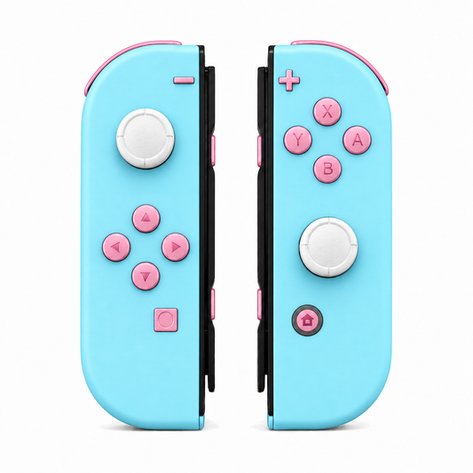 Heaven Blue, standard front: Cherry Blossoms Pink buttons / White caps