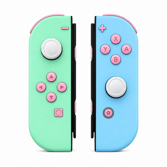 Mint Green & Heaven Blue, standard front: Cherry Blossoms Pink buttons / White caps